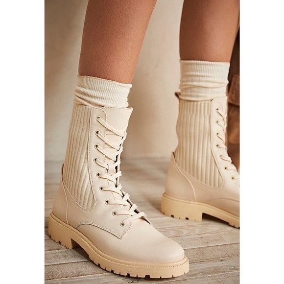 Sam Edelman Lydell Combat Boots Lace-Up 8.5 Modern Ivory Leather Knit - Picture 1 of 14